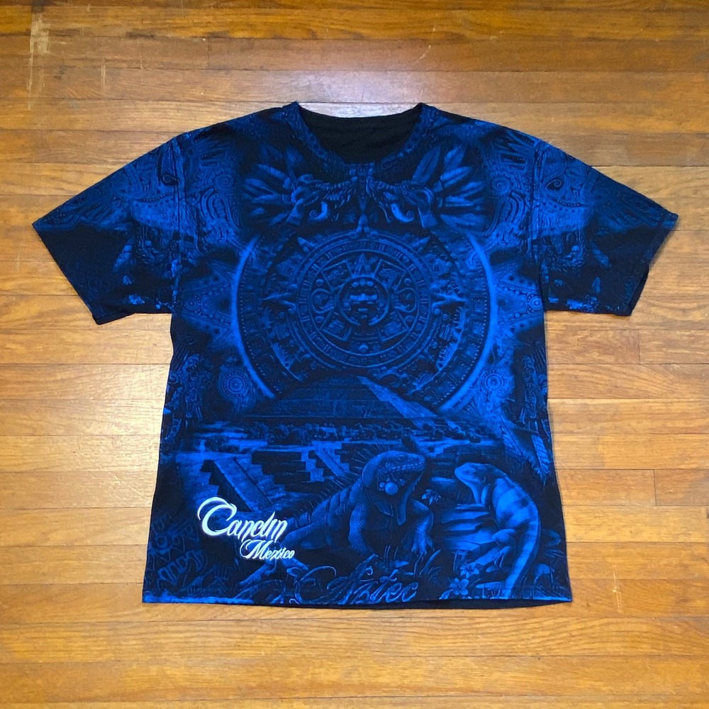 Cancun‎ Mexico Aztec Mayan All Over Print Graphic T Shirt Men's Large Blue Black